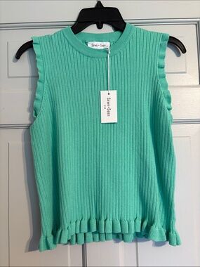 NEW Sewn+Seen Small Ribbed Ruffle Hem Green Sweater Tank